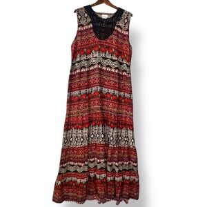 G Unit Fashions Crochet Neckline Maxi Tall Dress XX Red Floral India Boho Tiered